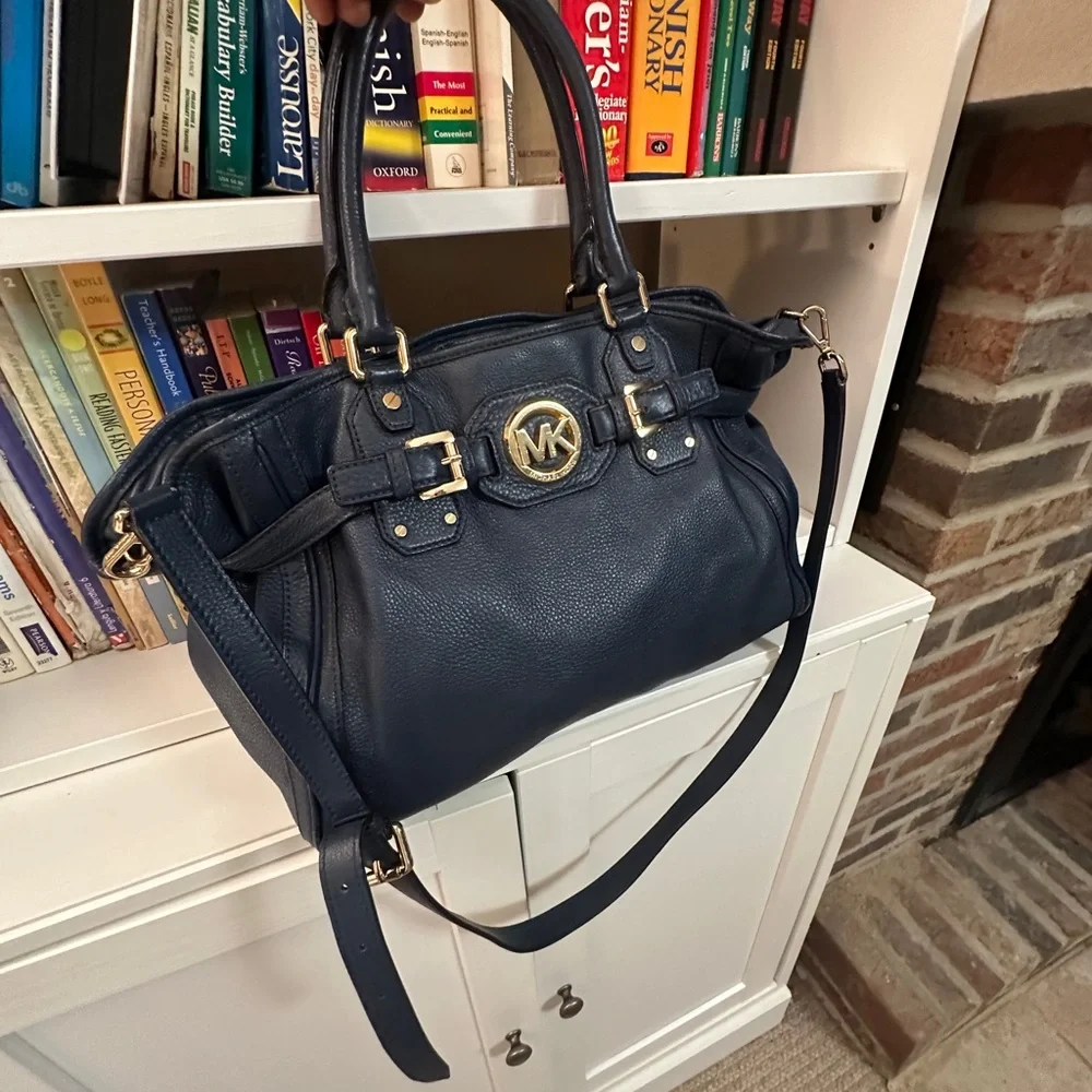 Michael Kors Navy Leather Satchel with Gold-Tone MK Emblem